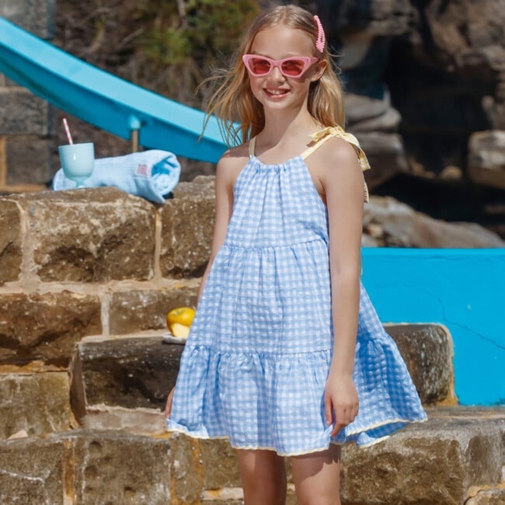 MARLO KIDS Pretty Gingham‎ Dress, Blue size 3-4